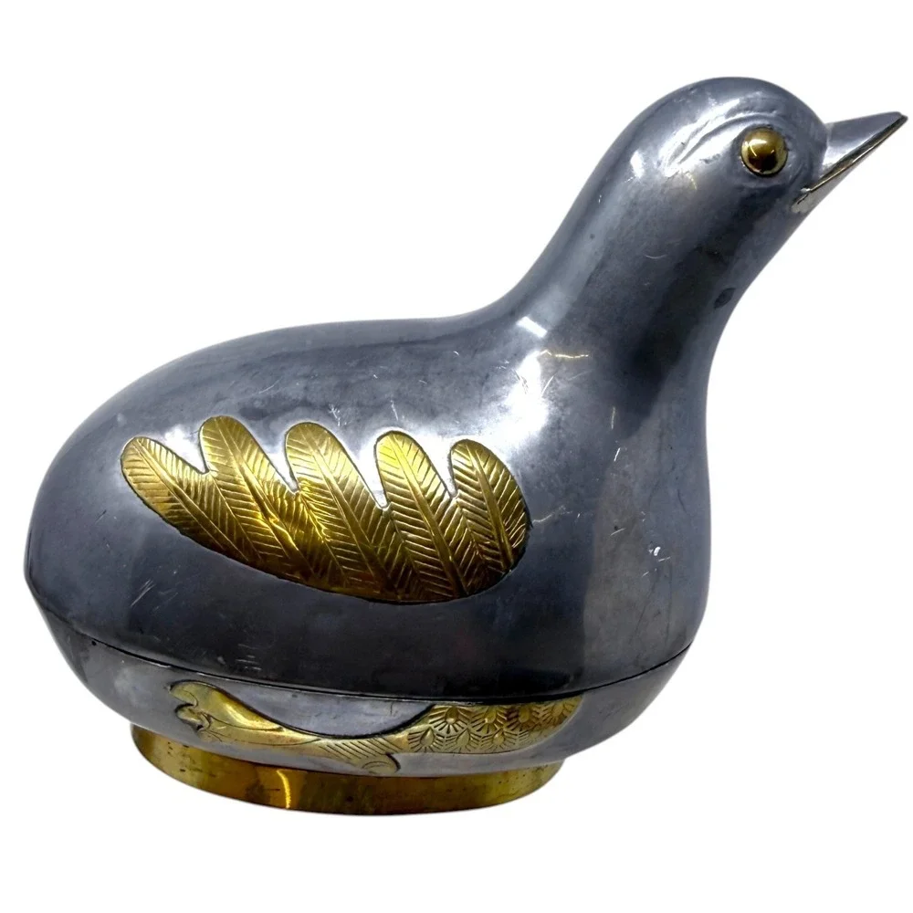 Metal Bird Figurine Pewter Jewlery Box Brass Hong Kong Quail Decor 70s